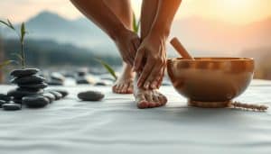 A serene, minimalist scene depicting a holistic approach to pain relief. In the foreground, a person's hands gently massage an ailing knee, using natural therapies like acupressure and essential oils. The middle ground features soothing elements like river stones, a bamboo plant, and a traditional Tibetan singing bowl, all bathed in warm, diffused lighting. In the background, a blurred, zen-like landscape with mountains and a winding stream suggests a connection to nature and its healing properties. The overall mood is one of tranquility, mindfulness, and a whole-body approach to managing chronic pain.