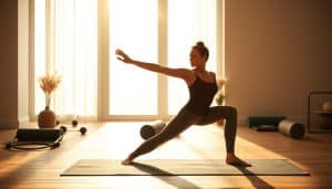 A serene, minimalist scene showcasing the improvement of range of motion and flexibility. In the foreground, a person performs a graceful, low-intensity yoga pose, their limbs gently extended. Warm, diffused natural lighting filters through large windows, casting a soft, soothing glow. The middle ground features various exercise equipment, including resistance bands and foam rollers, subtly hinting at the therapeutic tools used to enhance flexibility. The background depicts a calming, neutral-toned interior, creating a tranquil, spa-like atmosphere conducive to healing and restoration. The overall composition emphasizes the harmonious integration of mind, body, and environment, reflecting the holistic approach to range of motion and flexibility improvement.