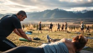 A serene outdoor scene showcasing effective injury prevention strategies in Calgary. In the foreground, a sports therapist demonstrates foam rolling and stretching techniques to an athlete. In the middle ground, a group participates in a guided strength training session. In the background, a scenic vista of the Rocky Mountains provides a calming backdrop. The lighting is soft and natural, capturing the tranquility of the setting. The angle is a wide shot, allowing the viewer to take in the full scope of the scene. The overall mood is one of health, wellness, and the importance of proactive injury prevention.