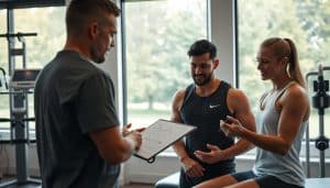 A serene physiotherapy clinic interior, with a large window overlooking a lush green park. In the foreground, a physiotherapist consults with an athlete, carefully examining their injury and sketching a personalized treatment plan on a tablet. The athlete listens intently, their face expressing a sense of trust and optimism. Soft, diffused lighting filters through the window, creating a warm, calming atmosphere. The room is filled with state-of-the-art medical equipment and rehabilitation tools, conveying a sense of professionalism and expertise. The overall scene communicates the care, attention, and personalization that the Calgary physiotherapist provides to their athlete clients.