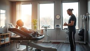 A serene physiotherapy clinic nestled in the heart of Calgary, with a patient undergoing a personalized recovery program after a recent accident. Soft natural lighting filters through large windows, casting a warm glow on the scene. The patient, seated on a modern rehabilitation table, is being guided through a series of gentle stretches and exercises by a compassionate physiotherapist. In the background, medical equipment and soothing decor create a calming, professional atmosphere, conveying the expertise and care of the Riverside Sports Therapy team.