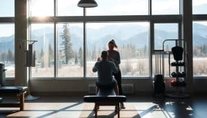 A serene rehabilitation clinic in Calgary, sunlight streaming through large windows onto a well-equipped physiotherapy space. A patient undergoing a guided exercise routine, supported by a caring physiotherapist. In the background, the iconic Rocky Mountains provide a picturesque vista, evoking a sense of healing and tranquility. The scene conveys the expertise and compassion of Riverside Sports Therapy, where post-game recovery is facilitated through personalized, state-of-the-art treatment in a calming, professional environment.
