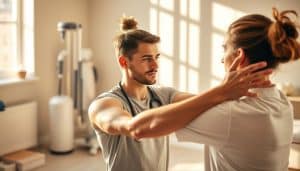 A serene rehabilitation setting with a professional physiotherapist guiding a focused athlete through a series of gentle stretches and exercises. The scene is bathed in warm, natural lighting, casting a soothing ambiance. The athlete's face exudes a sense of determination and trust, while the physiotherapist's movements convey expertise and care. In the background, subtle details like medical equipment and soothing decor elements reinforce the healing environment. The composition emphasizes the collaborative nature of the athlete-physiotherapist relationship, showcasing their shared commitment to the recovery process.