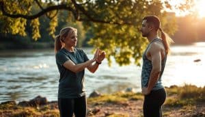 A serene riverside setting, with a physiotherapist guiding an athlete through a personalized rehabilitation routine. In the foreground, the therapist demonstrates a targeted exercise, their movements precise and attentive. The athlete, clad in sportswear, follows the guidance intently, their face a study in concentration. Soft natural light filters through the trees, casting a warm glow over the scene. In the background, the gentle flow of a river provides a soothing backdrop, conveying a sense of tranquility and healing. The overall atmosphere is one of personalized, holistic care, where the therapist's expertise and the patient's commitment to recovery come together in a harmonious partnership.