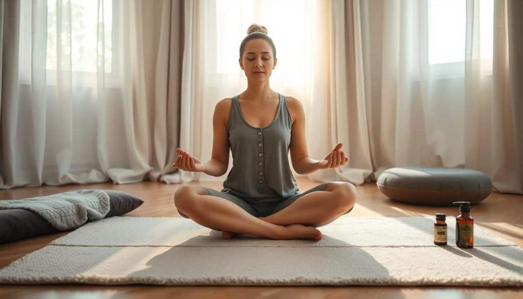 A serene scene of a person practicing mindfulness meditation, seated cross-legged on a plush mat in a tranquil, sunlit room. Soft natural light filters through gauzy curtains, casting a warm glow. In the foreground, hands rest gently on knees, palms upturned in a posture of openness. The person's expression is one of deep focus and inner calm. Surrounding them, an array of alternative pain relief tools - a heating pad, essential oils, and a meditation cushion - suggest a holistic, noninvasive approach to managing chronic discomfort. The overall atmosphere is one of healing, peace, and self-empowerment.