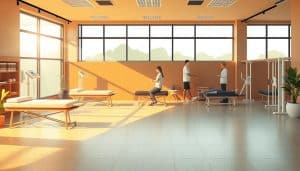 A serene sports physiotherapy clinic with warm, natural lighting filtering through large windows. In the foreground, a stylized illustration showcases integrated therapeutic solutions, such as massage tables, exercise equipment, and recovery aids. The middle ground features patients actively engaging in rehabilitation exercises under the guidance of attentive physiotherapists. The background depicts a calming, minimalist interior design with soothing earth tones, complementing the holistic approach to sports injury recovery. The overall atmosphere conveys a sense of wellness, professionalism, and personalized care.