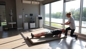 A serene sports rehabilitation center in Calgary, Riverside Sports Therapy. Sunlight streams through large windows, illuminating a patient undergoing physical therapy exercises on a padded mat. Nearby, a physiotherapist attentively guides the patient's recovery process. Medical equipment and soothing decor create a calming, professional atmosphere. In the background, a view of the Bow River and lush riverside greenery evokes a sense of natural healing. The scene conveys the journey of sports injury rehabilitation - a blend of expert care, patient determination, and peaceful surroundings facilitating the road to recovery.