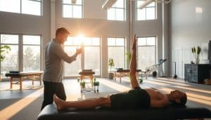 A serene sports therapy clinic, bathed in warm natural light streaming through large windows. In the foreground, a physiotherapist carefully guides an athlete through a series of targeted stretches and exercises, promoting muscle recovery and joint flexibility. The middle ground features state-of-the-art recovery equipment, including massage tables, foam rollers, and resistance bands. In the background, a calming, minimalist decor sets the stage for a holistic approach to post-game rehabilitation, with soothing colors and plants adding a sense of tranquility. The overall atmosphere conveys a balance of professionalism and care, reflecting the expertise and compassion of the Riverside Sports Therapy team.
