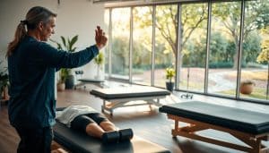 A serene sports therapy clinic set against a backdrop of lush greenery. In the foreground, a physiotherapist guides a patient through gentle stretches and exercises, their expressions focused and collaborative. The middle ground showcases state-of-the-art equipment - massage tables, balance boards, and therapeutic tools - arranged in a clean, modern layout. Warm, natural lighting filters through large windows, creating a calming, inviting atmosphere. The background reveals a tranquil outdoor space, with trees and a meandering path, hinting at the clinic's holistic approach to preventative sports therapy. The overall scene conveys professionalism, expertise, and a commitment to patient well-being.