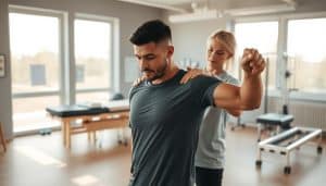 A serene sports therapy clinic, sunlight filtering through large windows onto a clean, well-equipped treatment area. In the foreground, a physiotherapist assists a professional athlete, guiding them through a targeted rehabilitation exercise. Muted colors, natural textures, and a sense of calm efficiency pervade the scene. The athlete's focused expression reflects their dedication to recovery, as the physiotherapist's empathetic demeanor signals their expertise. In the background, subtle details like medical charts, massage tables, and exercise equipment hint at the breadth of services offered. An atmosphere of trust, professionalism, and personalized care envelops the space.