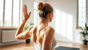 A serene studio setting with an individual performing gentle, targeted stretches and techniques to alleviate muscle tension and stiffness. Soft, diffused lighting from large windows casts a calming ambiance, while the composition focuses on the person's upper body, showcasing the intentional movements and poses to relieve strain in the neck, shoulders, and back areas. The scene exudes an atmosphere of therapeutic tranquility, guiding the viewer towards effective self-care practices for muscle recovery.