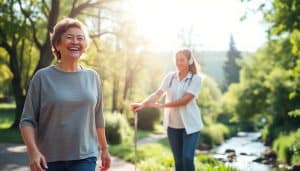 A serene, sun-dappled scene of a patient's neurological recovery journey. In the foreground, a person standing tall, confidently walking with the aid of a cane, their face radiating joy and determination. In the middle ground, a therapist gently guiding and supporting the patient's movements, their expressions conveying warmth and encouragement. In the background, a lush, verdant landscape with towering trees and a tranquil stream, symbolizing the patient's path to renewed vitality. The lighting is soft and natural, casting a gentle glow over the scene. The overall mood is one of hope, progress, and the triumph of the human spirit.