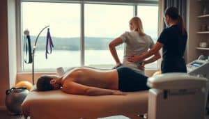 A serene therapy room with warm lighting and soothing colors. In the foreground, a person lies on a massage table, receiving a personalized back treatment from a skilled physiotherapist. Gentle hands work on the patient's lower back, providing targeted relief. The middle ground features various therapeutic tools and equipment, such as resistance bands, exercise balls, and a sleek ultrasound machine. The background showcases a calming landscape through a large window, promoting a sense of tranquility and wellbeing. The overall atmosphere conveys a holistic, tailored approach to back pain management, reflecting the expertise and care offered at Riverside Sports Therapy Calgary.