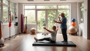 A serene, welcoming clinic interior with natural lighting. In the foreground, a physical therapist guides a patient through a series of gentle exercises on a padded rehabilitation mat. The middle ground showcases various rehabilitation equipment like resistance bands, balance boards, and stability balls. In the background, large windows overlook a lush, verdant garden, creating a tranquil, restorative atmosphere. The overall scene conveys a comprehensive, holistic approach to neurological rehabilitation, blending personalized care, advanced therapies, and a soothing, nature-inspired environment.