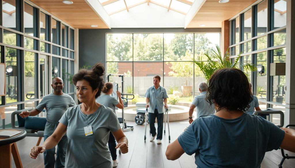 A serene, well-equipped community rehabilitation center, its modern architecture blending seamlessly with the natural surroundings. In the foreground, a group of patients engage in various exercises, their faces reflecting a sense of determination and progress. The middle ground showcases specialized equipment and therapists guiding the rehabilitation process, radiating an atmosphere of care and professionalism. In the background, a tranquil outdoor area with lush greenery and a calming water feature, creating a soothing ambiance that promotes healing and well-being. Soft, natural lighting filters through large windows, casting a warm glow over the scene. The overall impression is one of a nurturing, holistic approach to rehabilitation, where patients can find the support and resources they need to regain their independence and quality of life.