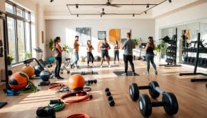 A serene, well-equipped fitness studio with natural lighting filtering through large windows. In the foreground, a diverse array of exercise equipment, including resistance bands, medicine balls, and free weights, meticulously arranged. In the middle ground, a group of individuals engaged in personalized workout routines, guided by a knowledgeable trainer. The background features soothing, earthy tones, with abstract wall art and potted plants, creating a calming, holistic atmosphere. The overall scene conveys a sense of personalized attention, expertise, and a focus on holistic well-being.