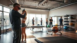 A serene, well-equipped sports therapy clinic, bathed in warm, natural lighting from large windows. In the foreground, a physiotherapist assesses a patient's posture and movement, utilizing advanced diagnostic tools. The middle ground showcases various rehabilitation equipment, including resistance bands, exercise balls, and massage tables. In the background, a team of therapists and trainers collaborate, developing personalized preventative care plans. The overall atmosphere conveys a sense of expertise, care, and a proactive approach to maintaining peak athletic performance and injury prevention.