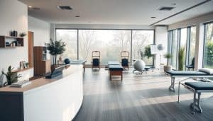 A serene, well-equipped therapy clinic showcasing a comprehensive range of services. The foreground features a modern reception desk with sleek, minimalist design, inviting clients to enter. The middle ground showcases various therapy stations, each with specialized equipment like massage tables, exercise balls, and rehabilitation devices. The background depicts a tranquil, nature-inspired setting with floor-to-ceiling windows, allowing natural light to flood the space. Soft, soothing lighting and muted color tones create a calming, therapeutic atmosphere. The overall scene conveys a sense of professionalism, care, and a commitment to holistic well-being.