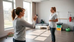 A serene, well-equipped therapy room in Calgary, Alberta, Canada. Soft natural light filters through large windows, illuminating a spacious, modern space with clean lines and soothing, neutral tones. In the foreground, a patient is engaged in a targeted neuroplasticity exercise under the watchful guidance of a skilled physiotherapist. Colorful therapy equipment and tools are strategically placed, ready to facilitate the patient's rehabilitation journey. The overall atmosphere radiates a sense of calm, professionalism, and a deep commitment to personalized, evidence-based neurological rehabilitation services.
