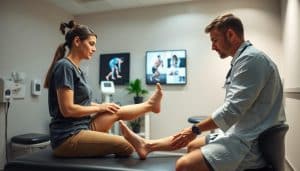 A serene, well-lit clinical setting with a medical professional conducting a thorough sports injury assessment. In the foreground, a patient sits on an examination table, their injured limb being carefully evaluated. The middle ground features various medical equipment and a wall-mounted display showcasing injury-related imagery. The background depicts a calming, professional atmosphere with neutral-toned walls and minimalist decor, conveying a sense of expertise and care. Soft, directional lighting illuminates the scene, creating a sense of focus and attention to detail. The overall mood is one of trust, competence, and a collaborative approach to sports injury evaluation.