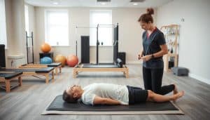 A serene, well-lit clinical setting with a physiotherapist conducting a comprehensive Pilates assessment. In the foreground, a patient lies on a padded mat, performing a series of carefully monitored Pilates exercises under the attentive gaze of the therapist. The middle ground showcases an array of Pilates equipment, including stability balls, resistance bands, and reformers, all meticulously arranged. The background features clean, modern furnishings and soothing pastel walls, creating a calming atmosphere conducive to rehabilitation and wellness. Soft, diffused lighting illuminates the scene, highlighting the therapist's expertise and the patient's focused determination. The overall composition conveys the integration of Pilates and physiotherapy, showcasing the specialized, personalized approach to supporting the patient's recovery and well-being.