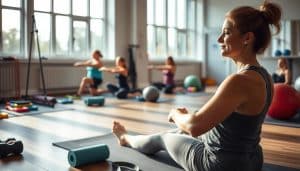A serene, well-lit indoor gym setting. In the foreground, a person performs personalized exercises on a yoga mat, their expression focused yet tranquil. Surrounding them, various equipment like resistance bands, foam rollers, and stability balls suggest a tailored routine. The middle ground features a few other individuals engaged in similar therapeutic exercises, each addressing their unique pain management needs. The background showcases tall windows allowing natural light to flood the space, creating a calming, rejuvenating atmosphere.