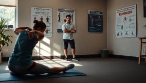 A serene, well-lit physiotherapy clinic setting, with a runner stretching on a yoga mat in the foreground. In the middle ground, a physical therapist demonstrates exercises and techniques for injury prevention, such as strengthening exercises, balance training, and stretching. The background features educational posters highlighting common running-related injuries and strategies for prevention. The overall tone is informative, calming, and focused on empowering the runner to take proactive steps towards injury-free performance.