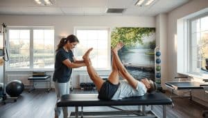 A serene, well-lit physiotherapy clinic with natural lighting streaming in through large windows. In the foreground, a patient undergoing a personalized physiotherapy session, their limbs being gently manipulated by a skilled physiotherapist. The middle ground showcases various rehabilitation equipment, including resistance bands, exercise balls, and massage tools. In the background, a soothing, nature-inspired mural depicting a peaceful riverscape, symbolizing the calming and restorative atmosphere of the clinic. The scene conveys the personalized, holistic approach to sports recovery and physiotherapy, with a focus on the patient's individual needs and the benefits of this specialized care.