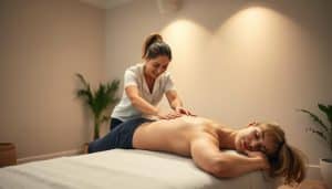 A serene, well-lit studio setting showcasing a massage therapist performing various manual therapy techniques on a patient. The therapist's skilled hands gently manipulate the patient's muscles, joints, and soft tissues, using a combination of massage, stretching, and mobilization techniques. The patient's expression conveys a sense of relaxation and relief. The background features soothing neutral tones, with a touch of natural foliage to create a calming, spa-like atmosphere. The camera angle captures the scene from a slightly elevated perspective, highlighting the therapist's expertise and the patient's comfort. Subtle lighting from overhead and side-mounted sources casts a warm, therapeutic glow across the scene.