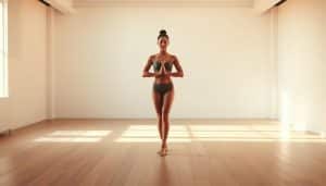 A serene, well-lit studio with an elegant, minimalist aesthetic. A person stands in the center, their body in perfect postural alignment, radiating core strength and balance. Soft, warm lighting casts gentle shadows, highlighting the graceful lines of their pose. The background is a clean, neutral palette, allowing the subject to be the focal point. The camera captures the scene from a slightly elevated angle, emphasizing the subject's poise and control. An atmosphere of tranquility and focused intentionality pervades the image, inviting the viewer to connect with the essence of integrated health and movement.