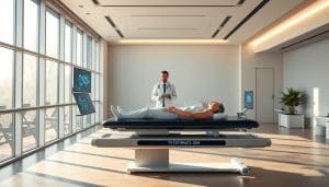 A sleek and futuristic physiotherapy studio, flooded with natural light streaming through floor-to-ceiling windows. In the foreground, a patient reclines on a high-tech treatment table, surrounded by holographic displays and motion-tracking sensors. Discreet robotic arms extend from the table, gently massaging the patient's muscles. In the middle ground, a physiotherapist monitors the treatment, their movements seamlessly synchronized with the robotic technology. The background features a minimalist, open-concept design with clean lines and a soothing color palette, evoking a sense of tranquility and innovation. Subtle ambient lighting and a hint of greenery create a calming, therapeutic atmosphere.