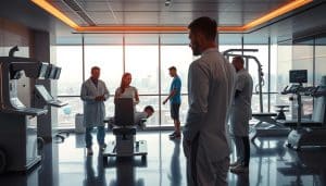 A sleek, high-tech sports medicine clinic set against a backdrop of modern architecture. In the foreground, a team of physiotherapists and sports medicine experts examine a patient using advanced diagnostic equipment and cutting-edge treatment modalities. The middle ground features state-of-the-art rehabilitation equipment and an athlete undergoing a personalized recovery program. The background showcases a panoramic view of the city, hinting at the clinic's innovative and forward-thinking approach to sports medicine. The scene is bathed in a warm, natural lighting that highlights the advanced technology and the dedication of the medical professionals. The overall mood conveys a sense of hope, progress, and a commitment to pushing the boundaries of sports medicine.