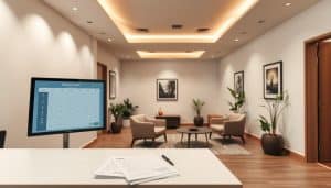 A sleek, modern office interior with minimalist decor and soothing neutral tones. In the foreground, a receptionist's desk with a digital appointment scheduling system displayed on a large touchscreen monitor. On the desk, a stack of patient intake forms and a pen resting next to them. In the middle ground, comfortable armchairs and a coffee table, creating an inviting waiting area. Tasteful wall art and potted plants accent the space, conveying a sense of professionalism and wellness. Indirect lighting from recessed ceiling fixtures casts a warm, calming glow throughout the room. The overall atmosphere evokes a serene, welcoming environment for sports therapy patients.