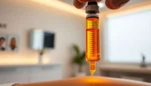 A sleek, state-of-the-art syringe filled with a vibrant, translucent amber-colored liquid hovers in the foreground, casting a soft glow. In the middle ground, a medical professional's gloved hand delicately administers the advanced injectable pain therapy solution into a patient's skin, with a serene, modern clinic interior visible in the background. Warm, directional lighting illuminates the scene, creating a sense of professionalism and care. The overall atmosphere conveys the cutting-edge, yet compassionate nature of this innovative pain management treatment.