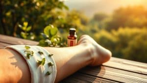 A soothing, softly-lit scene showcasing various natural remedies for reducing pain and swelling. In the foreground, a compress of cool herbs rests on a toned, athletic limb. In the middle ground, a bottle of essential oils and a jar of anti-inflammatory salve are arranged atop a wooden surface. The background features a serene, natural landscape - perhaps a lush garden or tranquil forest - bathed in warm, diffused sunlight. The overall mood is one of calm, healing, and holistic well-being, reflecting the benefits of post-game physiotherapy.