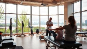 A spacious and airy sports physiotherapy clinic in Calgary, with large windows overlooking the Bow River. In the foreground, a physiotherapist is working one-on-one with a patient, guiding them through targeted exercises and stretches to aid their injury rehabilitation. The clinic's modern, minimalist decor creates a calm and professional atmosphere, while the middle ground features various rehabilitation equipment and tools. In the background, glimpses of the city skyline and lush riverside greenery can be seen through the expansive windows, conveying a sense of tranquility and healing amidst the urban setting. Warm, diffused lighting illuminates the scene, creating a welcoming and therapeutic ambiance.