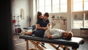A spacious and well-lit physiotherapy clinic, with large windows allowing natural light to pour in. In the foreground, a patient lies on a treatment table, undergoing a comprehensive injury assessment by a physiotherapist, who carefully examines the affected area. In the middle ground, various rehabilitation equipment and tools are neatly arranged, conveying a sense of professionalism and attention to detail. The background features a clean and organized workspace, with anatomical charts and soothing wall decor, creating a calming and therapeutic atmosphere. The lighting is soft and warm, highlighting the attentive care and expertise of the healthcare professionals. The overall scene reflects a comprehensive approach to injury assessment and recovery, tailored to the needs of the individual patient.