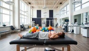 A spacious, modern physiotherapy clinic with high ceilings and large windows that fill the space with natural light. In the foreground, a patient is lying on a treatment table as a physiotherapist uses advanced techniques, such as targeted massage, joint mobilization, and muscle release therapy. Colorful exercise balls, resistance bands, and other rehabilitation equipment are neatly arranged in the middle ground, suggesting a holistic approach to treatment. In the background, state-of-the-art technology, including ultrasound and electrotherapy devices, are visible, hinting at the clinic's innovative and evidence-based methods. The atmosphere is calm, professional, and inviting, with a focus on patient-centered care and the latest advancements in physiotherapy.