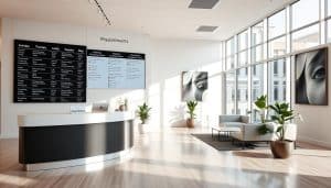 A spacious, well-lit office lobby with a modern, clean aesthetic. In the foreground, a sleek and minimalist reception desk with a discreet "Appointments" sign. Behind the desk, a large digital display board showcases the daily schedule, neatly organized with patient names, appointment times, and therapist information. The middle ground features comfortable seating arrangements, with potted plants and abstract artwork adding a touch of sophistication. The background reveals floor-to-ceiling windows, allowing natural light to flood the space and creating a warm, welcoming atmosphere. The overall scene conveys a sense of efficiency, professionalism, and attention to detail, perfectly suited for a physiotherapy clinic.