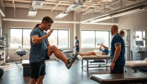 A sports medicine clinic, bathed in warm, natural lighting. In the foreground, a physiotherapist guides a patient through a series of targeted exercises, demonstrating techniques to rehabilitate a knee injury. In the middle ground, other patients receive various treatments, from massage therapy to ultrasound. The background features state-of-the-art equipment and a soothing, calming atmosphere, conveying the expertise and care of the Riverside Sports Therapy team.