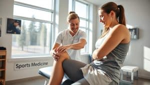 A sports medicine clinic in Calgary, with a physiotherapist examining a patient's injured knee. The patient is sitting on an examination table, while the physiotherapist is gently palpating the affected area. The room is well-lit, with natural light streaming in through large windows, creating a calming and professional atmosphere. The physiotherapist's face is focused, their hands steady, as they assess the injury and prepare a treatment plan. The patient's expression is one of trust and relief, as they receive the care they need to recover from their sports-related injury.