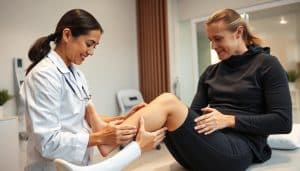 A sports physiotherapist examines a patient's injured leg, providing gentle treatment and guidance. The scene is set in a clean, well-lit clinic, with state-of-the-art equipment and soothing decor. The physiotherapist's face is warm and focused, their hands delicately working to alleviate the patient's discomfort. The patient, clad in sportswear, looks relieved as they receive the specialized care. The overall atmosphere conveys a sense of trust, expertise, and the patient's journey towards recovery, reflecting the importance of physiotherapy in sports medicine.