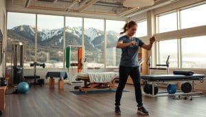 A sports physiotherapy clinic in Calgary, nestled against a backdrop of the majestic Rocky Mountains. In the foreground, a physiotherapist guides a patient through a series of targeted exercises, their movements fluid and intentional. The middle ground features an array of state-of-the-art equipment, from massage tables to resistance bands, all designed to support the patient's recovery and prevention of future injuries. The background showcases the clinic's inviting and calming atmosphere, with natural light streaming in through large windows and soothing earthy tones throughout. The scene conveys a sense of professionalism, expertise, and a commitment to holistic, preventative care.