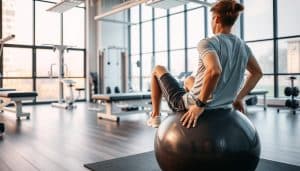 A sports physiotherapy clinic, with a patient undergoing rehabilitation exercises on a therapy ball in the foreground. The middle ground features various medical equipment, including exercise machines and massage tables. The background showcases a clean, modern clinic environment with large windows, allowing natural light to fill the space. The lighting is soft and warm, creating a calming and inviting atmosphere. The overall scene conveys a sense of professionalism, expertise, and a focus on helping athletes recover from injuries and return to their sport.