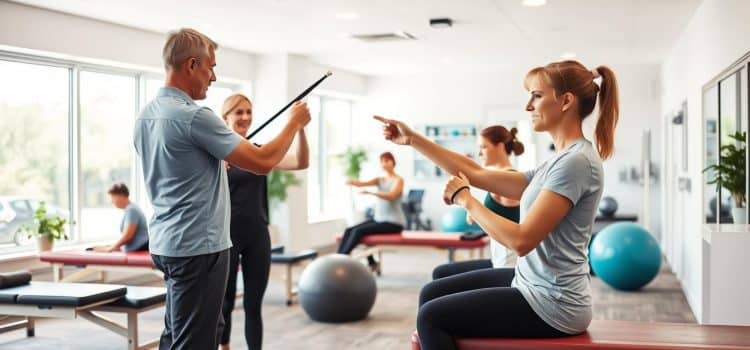 A sports therapy clinic interior, well-lit with natural lighting from large windows. In the foreground, a physiotherapist guides a patient through various rehabilitation exercises, such as resistance band training, balance exercises, and targeted muscle stretches. The middle ground features other patients undergoing personalized treatment plans, with a variety of equipment like exercise balls, foam rollers, and massage tables. The background showcases the clinic's modern, welcoming decor, creating a calming, professional atmosphere conducive to healing and recovery. The scene conveys an atmosphere of expertise, care, and a collaborative approach to comprehensive injury treatment and rehabilitation.