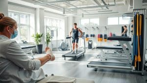 A sports therapy clinic set in a modern, airy space filled with natural light. In the foreground, a physiotherapist in a white coat carefully examines a patient's ankle, their movements precise and focused. In the middle ground, an athlete is undergoing rehabilitation on a treadmill, their face determined as they work towards recovery. The background showcases a range of state-of-the-art equipment and tools, from massage tables to resistance bands, all arranged in a clean, organized manner. The overall atmosphere exudes a sense of expertise, professionalism, and a commitment to helping patients regain their physical capabilities. Soft, directional lighting accentuates the clinical yet welcoming ambiance.