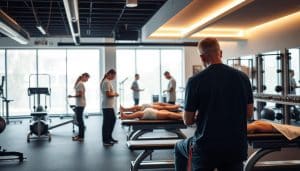 A sports therapy clinic, with a well-equipped gym in the foreground. Patients undergo various treatments, such as physical therapy exercises, massage, and heat/cold therapy. The middle ground features healthcare professionals guiding and assisting the patients. In the background, a warm, natural lighting illuminates the space, creating a soothing and welcoming atmosphere. The overall scene conveys a sense of holistic care and rehabilitation, highlighting the importance of physiotherapy in the treatment of sports-related injuries.