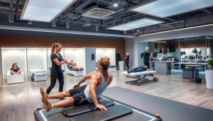 A sports therapy clinic with advanced equipment and techniques. In the foreground, a physiotherapist works with a patient on a state-of-the-art rehabilitation platform, utilizing cutting-edge motion tracking sensors and virtual reality software to guide precise, personalized exercises. In the middle ground, other patients undergo specialized treatments like cryotherapy, ultrasound, and electrical stimulation in private treatment rooms with soothing lighting. In the background, a sports science laboratory with advanced diagnostic equipment and a team of experts analyze data to develop tailored rehabilitation plans. The atmosphere is one of cutting-edge innovation, professionalism, and a patient-centric approach to sports injury prevention and recovery.