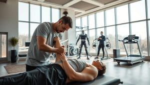 A state-of-the-art physiotherapy clinic, flooded with natural light from floor-to-ceiling windows. In the foreground, a physiotherapist expertly manipulates the limb of a patient, applying targeted deep tissue massage techniques. In the middle ground, high-tech rehabilitation equipment stands ready, including a robotic exoskeleton and a zero-gravity treadmill. The background showcases a sleek, minimalist design with clean lines, soothing earth tones, and discreet medical equipment. The atmosphere is one of professionalism, innovation, and a relentless focus on optimizing the recovery process.