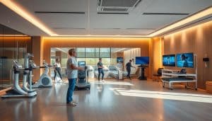A state-of-the-art rehabilitation center, its sleek, modern interior bathed in warm, natural lighting. In the foreground, a physiotherapist expertly guides a patient through a series of specialized exercises, using cutting-edge equipment and techniques to aid their neurological recovery. The middle ground showcases various therapeutic modalities, from robotic-assisted gait training to cutting-edge virtual reality setups, all designed to push the boundaries of what's possible in neurological rehabilitation. In the background, a tranquil, soothing atmosphere with soothing colors and textures, creating a calming and restorative environment for the patients' journey to wellness.